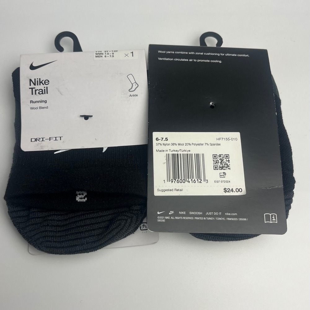 2 pair Nike Trail Running Socks Wool Blend Dri Fit Ankle Black Mens Size 6-7.5